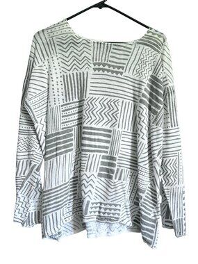 Gudrun Sjoden Lightweight Linen Sweater Geometric Print Lagenlook Summer Boxy L
